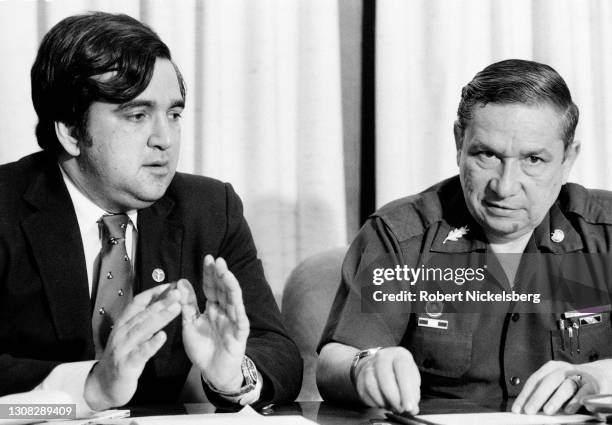 Representative Bill Richardson and Salvadoran Minister of Defense General Jose Guillermo Garcia speak during a press conference, San Salvador, El...