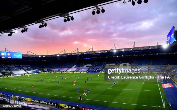 General view of play as the sun sets during the Emirates FA Cup Quarter Final match between Leicester City and Manchester United at The King Power...