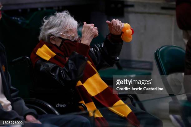 Sister Jean celebrates the Loyola-Chicago Ramblers win over the Illinois Fighting Illini in the NCAA Basketball Tournament second round at Bankers...