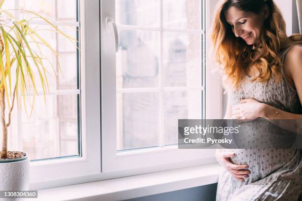 porträt einer schönen smilling schwangeren frau - graues kleid stock-fotos und bilder