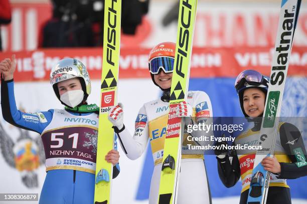 Nika Kriznar of Slovakia , Marita Kramer of Austria , Sara Takanashi of Japan competes during the Women HS 97 at the FIS Ski Jumping World Cup Women...