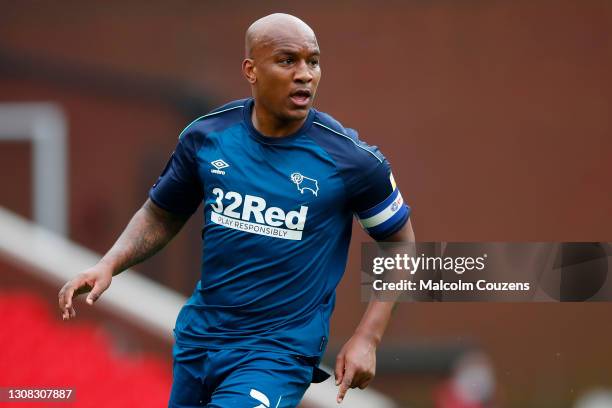 Andre Wisdom of Derby County during the Sky Bet Championship match between Stoke City and Derby County at Bet365 Stadium on March 20, 2021 in Stoke...