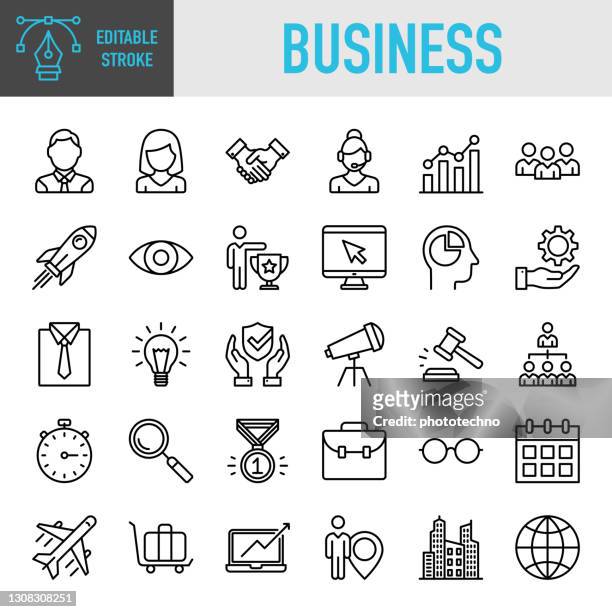 business concepts - thin line vector icon set. pixel perfect. editable stroke. for mobile and web. the set contains icons: businessman, businesswoman, career, business person, group of people, teamwork, skill, vision, innovation - business strategy icon set stock illustrations