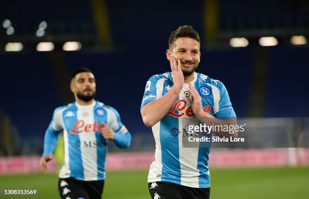 Dries Mertens celebrates after scoring goal 1-0 during the Serie A match between AS Roma and SSC Napoli at Stadio Olimpico on March 21, 2021 in Rome,...
