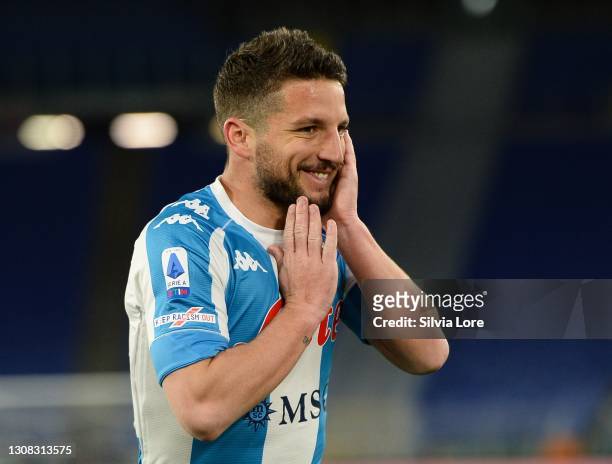Dries Mertens celebrates after scoring goal 1-0 during the Serie A match between AS Roma and SSC Napoli at Stadio Olimpico on March 21, 2021 in Rome,...