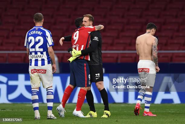 Luis Suarez and Jan Oblak of Atletico de Madrid celebrate their side's victory after the La Liga Santander match between Atletico de Madrid and...