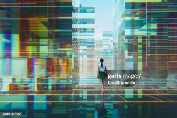 woman walking in futuristic glass city - building wireframe stock pictures, royalty-free photos & images