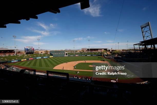 General view of the MLB spring training baseball game between the Arizona Diamondbacks and Kansas City Royals at Salt River Fields at Talking Stick...