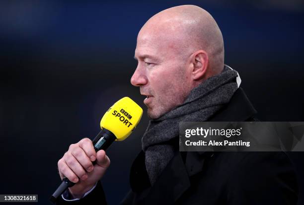 Presenter Alan Shearer during the Emirates FA Cup Quarter Final match between Leicester City and Manchester United at The King Power Stadium on March...