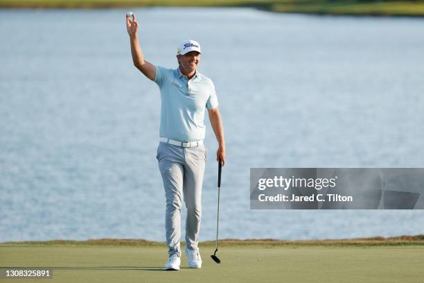 Matt Jones of Australia celebrates on the 18th green after winning during the final round of The Honda Classic at PGA National Champion course on...