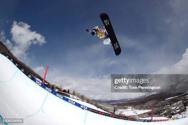 Chloe Kim of the United States takes a training run for the women's snowboard halfpipe final during Day 4 the Land Rover U.S. Grand Prix World Cup at...