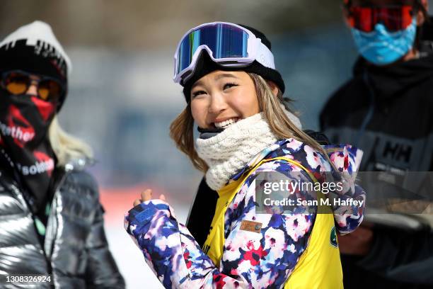 Chloe Kim of the United States looks on after finishing first place in the women's snowboard halfpipe final during Day 4 of the Land Rover U.S. Grand...