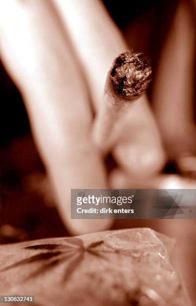 pot smoker ! - joint between fingers and a marijuana sac - stick plant part stockfoto's en -beelden