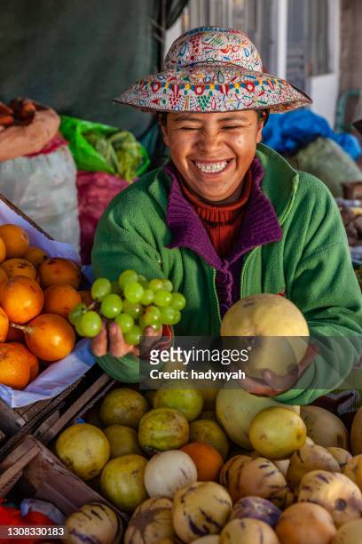 mujer peruana vendiendo frutas en su tienda, chivay, perú - peruvian culture fotografías e imágenes de stock