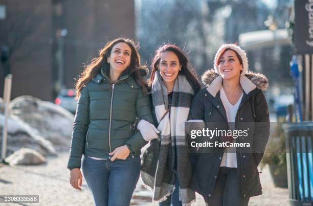 drie gelukkige en glimlachende moslimzusters - happy arab family on travel stockfoto's en -beelden