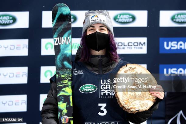 Rachel Karker of Canada looks on from the podium after finishing first place in the women's snowboard halfpipe final during Day 4 of the Land Rover...