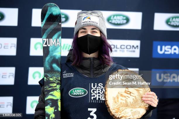 Rachel Karker of Canada looks on from the podium after finishing first place in the women's snowboard halfpipe final during Day 4 of the Land Rover...