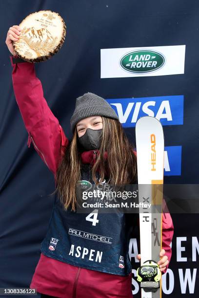 Zoe Atkin of Great Britain looks on from the podium after finishing second place in the women's snowboard halfpipe final during Day 4 of the Land...