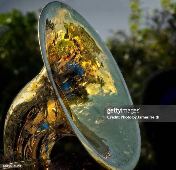 a marching band is relected in one of its tubas. - tuba imagens e fotografias de stock