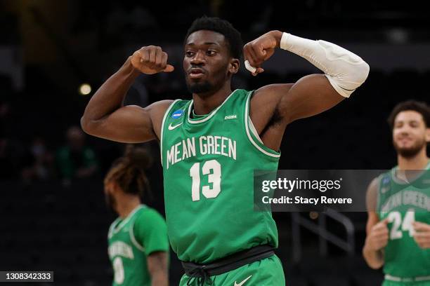 Thomas Bell of the North Texas Mean Green reacts after a play against the Villanova Wildcats in the first half of their second round game of the 2021...