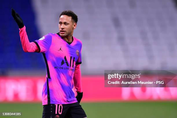 Neymar Jr of Paris Saint-Germain reacts during the Ligue 1 match between Olympique Lyon and Paris Saint-Germain at Groupama Stadium on March 21, 2021...