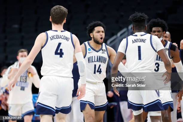 Caleb Daniels of the Villanova Wildcats reacts to a play against the North Texas Mean Green in the first half of their second round game of the 2021...