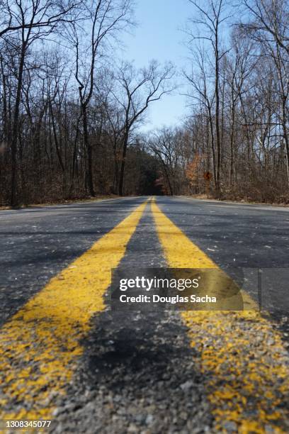 low angle view of the center of a rural paved road - dubbla gula linjer bildbanksfoton och bilder