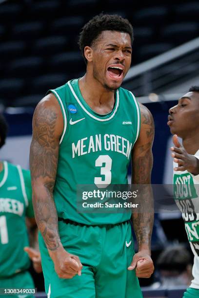 Javion Hamlet of the North Texas Mean Green reacts in the second half of their second round game against the Villanova Wildcats in the 2021 NCAA...