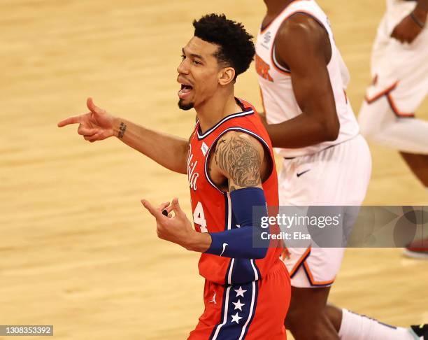 Danny Green of the Philadelphia 76ers celebrates his three point shot against the New York Knicks at Madison Square Garden on March 21, 2021 in New...