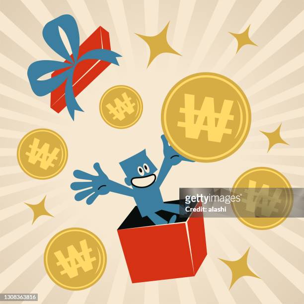 ilustraciones, imágenes clip art, dibujos animados e iconos de stock de hombre generoso sonriente apareciendo desde una caja de regalo abierta y enviando un montón de moneda won coreana - korean currency