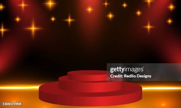 a 3d illustration of blank template layout of empty jazz music stage. stage illuminated by spotlights at blue background. stage empty to place your text. - empty white studio stock illustrations