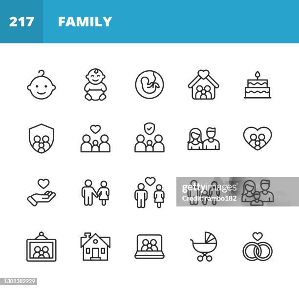 ファミリー ライン アイコン。編集可能なストローク。ピクセルパーフェクト。モバイルとウェブ用。家族、親、父、母、子供、家庭、愛、ケア、妊娠、握手、サポート、一体感、コミュニ� - 三世代点のイラスト素材／クリップアート素材／マンガ素材／アイコン素材