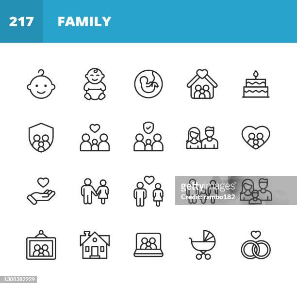 family line icons. editable stroke. pixel perfect. for mobile and web. contains such icons as family, parent, father, mother, child, home, love, care, pregnancy, handshake, support, togetherness, community, multi-generation family, social gathering. - family stock illustrations