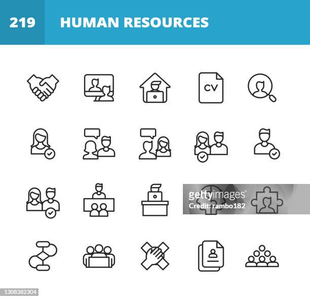 human resources line icons. editable stroke. pixel perfect. for mobile and web. contains such icons as recruitment, occupation, job, employment, labor, meeting, teamwork, partnership, office, organisation, presentation, job interview, candidate, resume. - classified ad stock illustrations