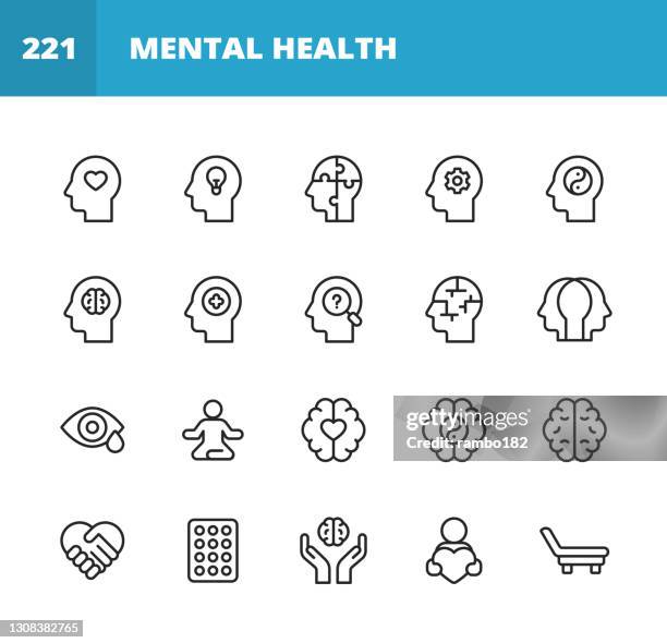 stockillustraties, clipart, cartoons en iconen met de pictogrammen van de lijn van de geestelijke gezondheid en van het welzijn. bewerkbare lijn. pixel perfect. voor mobiel en web. bevat iconen als angst, zorg, depressie, emotionele stress, gezondheidszorg, geneeskunde, menselijk brein, eenzaamheid, psycho - toestand