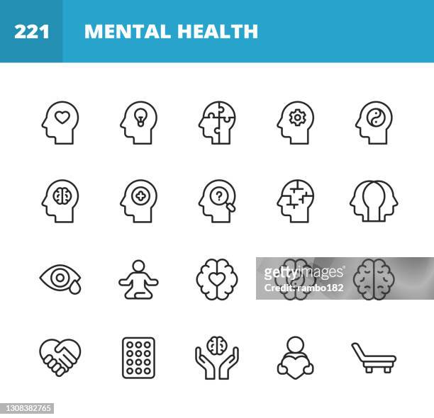 mental health and wellbeing line icons. editable stroke. pixel perfect. for mobile and web. contains such icons as anxiety, care, depression, emotional stress, healthcare, medicine, human brain, loneliness, psychotherapy, sadness, support, therapy. - human brain stock illustrations