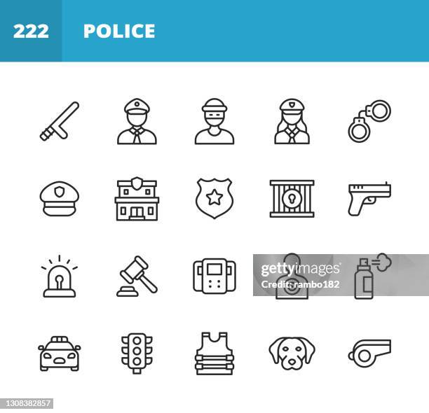 illustrazioni stock, clip art, cartoni animati e icone di tendenza di icone della polizia e delle forze dell'ordine. tratto modificabile. pixel perfetto. per dispositivi mobili e web. contiene icone come poliziotto, poliziotta, ladro, manette, gilet, stazione di polizia, pistola, legge, traffico, prigione, auto, cane, crimin - armi da fuoco