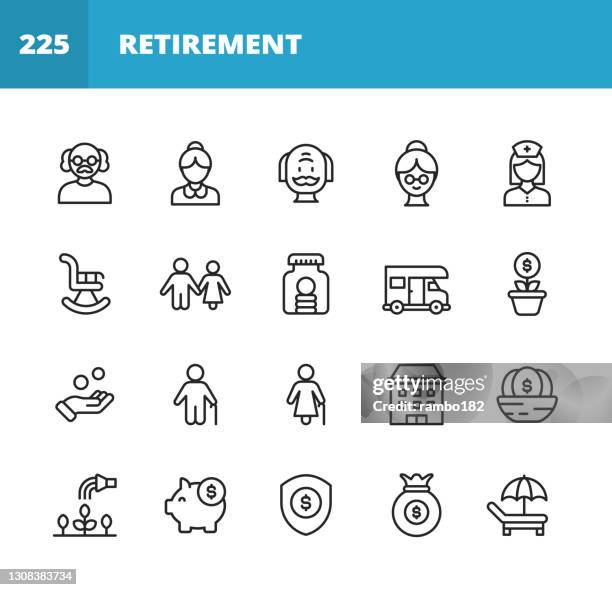ilustraciones, imágenes clip art, dibujos animados e iconos de stock de iconos de la línea de retiro. trazo editable. pixel perfecto. para móviles y web. contiene iconos como senior, couple, rocking chair, savings, investment, holiday, retirement home, gardening, insurance, budget, piggy bank, finance, nest egg. - residencia de ancianos