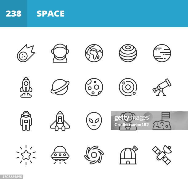 space line icons. editable stroke. pixel perfect. for mobile and web. contains such icons as comet, asteroid, astronaut, space suit, planet earth, cosmos, star, telescope, galaxy, spaceship, travel, moon landing, alien, artificial intelligence, rocket. - space shuttle discovery stock illustrations
