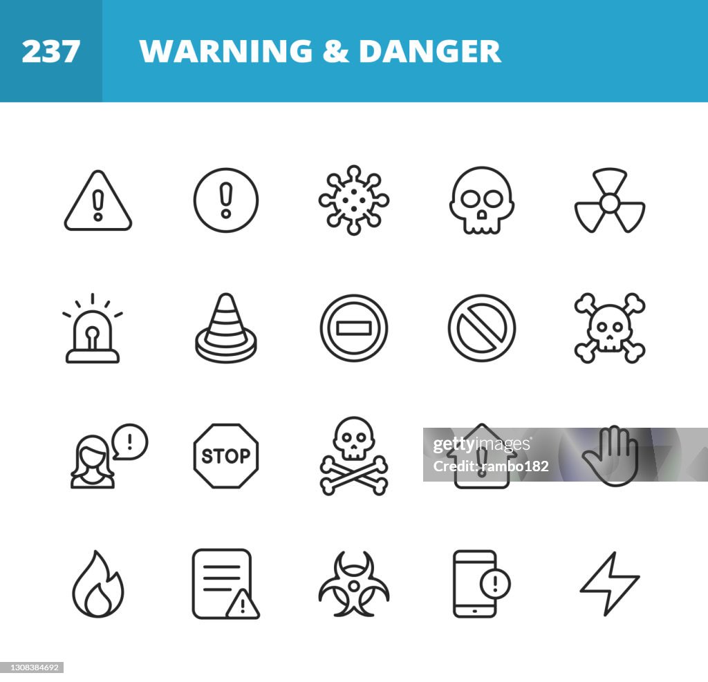 Iconos de línea de advertencia y peligro. Trazo editable. Pixel Perfecto. Para móviles y web. Contiene iconos tales como signo de advertencia, peligro, alerta, accidente, precaución, parada, comunicación, virus informático, hacker, ladrón de identida