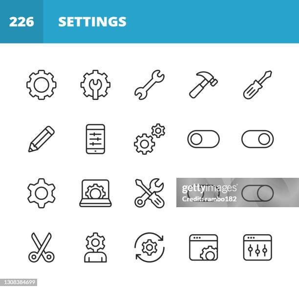 ilustrações de stock, clip art, desenhos animados e ícones de settings and tools line icons. editable stroke. pixel perfect. for mobile and web. contains such icons as work tool, gear, equipment, settings icon, engineering, machine part, progress, teamwork, technology, business management, repair, construction. - ajustar