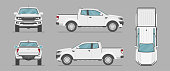 Vector pickup truck from different sides. Side view, front view, back view, top view.