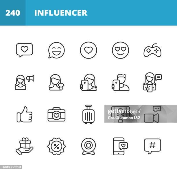 social media influencer line icons. bearbeitbarer strich. pixel perfekt. für mobile und web. enthält symbole wie online messaging, mobile app, selfie, digital marketing, werbung, video streaming, live event, hashtag, video tutorial, reisen, inhalte. - hashtag stock-grafiken, -clipart, -cartoons und -symbole