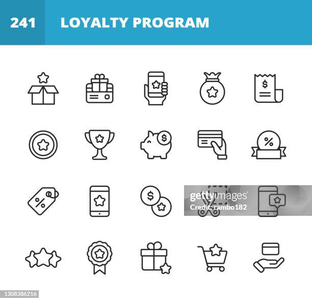 loyalty program line icons. editable stroke. pixel perfect. for mobile and web. contains such icons as gift box, loyalty card, money, savings, marketing, customer experience, payments, piggy bank, promotion, five star rating, credit card, shopping. - mobile shopping stock illustrations