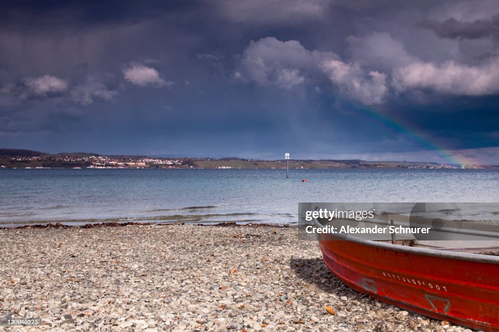 Thunderstorm over Meersburg, rainbow, lifeboat at the Konstanzer Hoernle, Konstanz, Lake Constance, Baden-Wuerttemberg, thunderstorms, Germany
