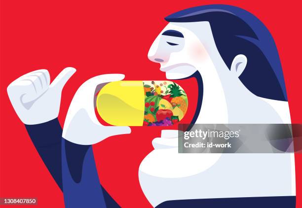 man eating fruit capsule pill - man taking supplements stock illustrations