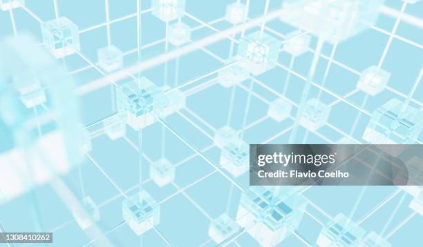 transparent glass cubes connected through a 3d array - peer to peer finance stock pictures, royalty-free photos & images