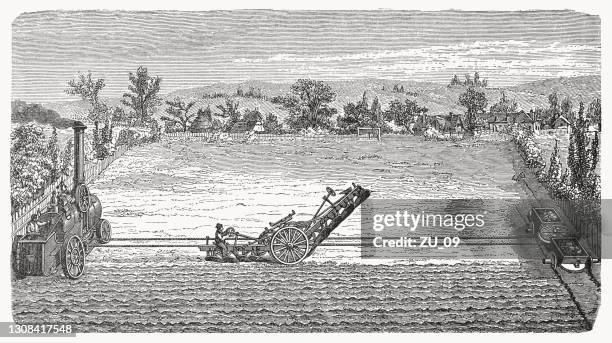 steam plow with locomobile, wood engraving, published in 1893 - engraved images farm stock illustrations