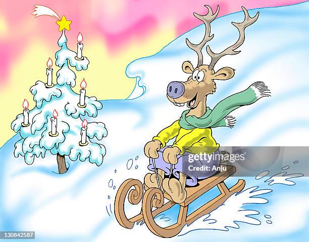 sledging merry reindeer, illustration - toboggan stock illustrations