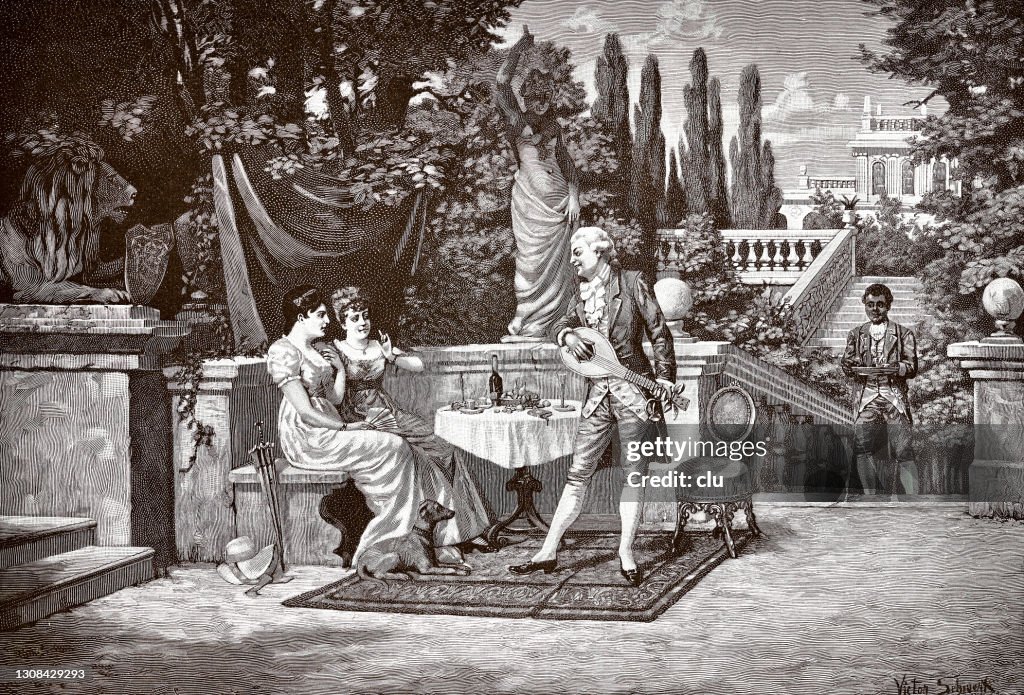 Singer with mandolin in the royal garden, 2 women on a bench listening